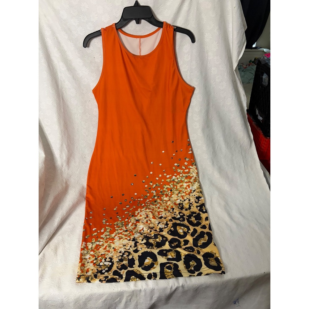 Orange Leopard Print Y2K Revival Bodycon Baddie Sheath Dress Gold Confetti De